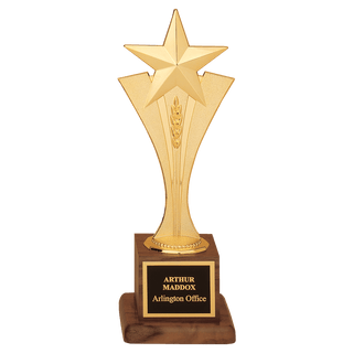 3 1/2" x 10" Modern Goldtone Star Casting on a Walnut Finish Base with Laserable Black Brass Plate