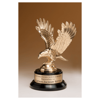 9" Fully Modeled Gold Finish Metal Eagle on a Black Piano Finish Base with a Gold Flex-Brass Plate