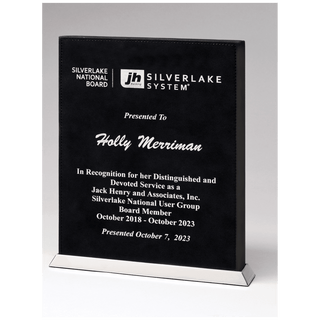 7 1/2" x 10" Black/Silver Laser Leather Desktop Plaque with Chrome Plated Base