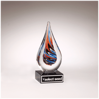 7 1/2" Teardrop Art Glass on Black Glass Base with Black Laserable Aluminum Plate
