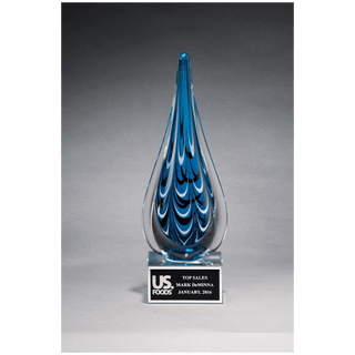 Blue and Black Teardrop Art Glass on Clear Glass Base with Black 10" Laserable Aluminum Plate