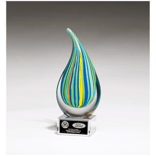 8 1/4" Multi-Colored Teardrop Art Glass on Clear Glass Base with Black Laserable Aluminum Plate