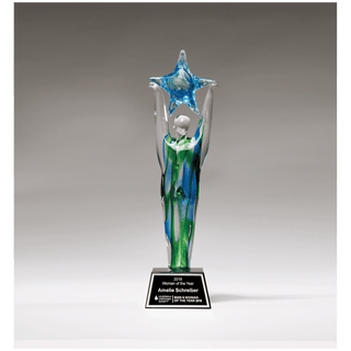 11 1/2" Star Achiever Art Glass on Clear Glass Base with Black Laserable Aluminum Plate