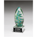 Blue and Green Helix Egg Shaped Art Glass on Clear Glass Base with Black 6 1/2" Laserable Aluminum Plate