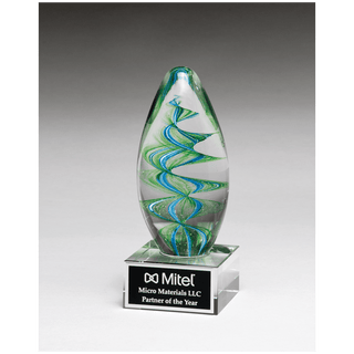 Blue and Green Helix Egg Shaped Art Glass on Clear Glass Base with Black 6 1/2" Laserable Aluminum Plate