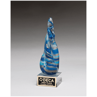 8 3/4" Twist Blue & Teal Art Glass with Gold Metallic Accent on Clear Glass Base and Black Laser Aluminum Plate