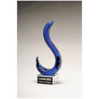11" Modern Swan Design Art Glass on Clear Glass Base with Black Laserable Aluminum Plate