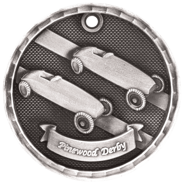 Antique Silver 2" 3D Pinewood Derby Medal