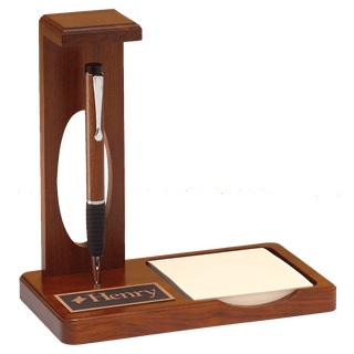 6 3/4" x 6 7/8" x 3 5/8" Floating Pen Desk Set with Memo Pad in Matte Teak wood Finish with Black Plate