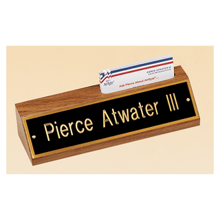 8" x 1 3/4" x 2 3/8" American Walnut Nameplate with Business Card Holder with Black Plate