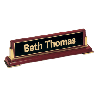 10 5/8"x 2 3/4 x 2 1/2 Rosewood Piano Finish Nameplate and Gold Metal Accents with Black Plate