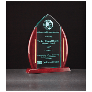 7 1/2" x 9 5/8" Flame Jade Acrylic with Rosewood Piano Finish Base and Posts, Gold Metal Accents