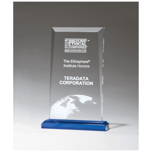 Clear Acrylic Award with Blue Highlights and Blue 5 1/2" x 8 3/4" Apex Series Base