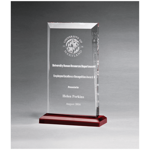 Clear Acrylic Award with Red Highlights and Red 5 1/2" x 8 3/4" Apex Series Base