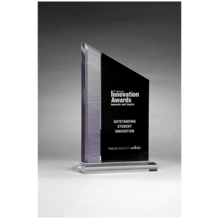 6" x 8" Digitally Printed Brushed Silver Accent on Black Upright Acrylic with Clear Base