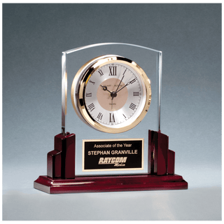 6 5/8" x 6 1/2" Glass Clock with Rosewood High Gloss Base, Black Aluminum Plate