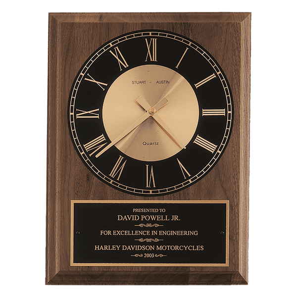 Walnut Round Face Quartz Clock with Black 8" x 10" American Plate