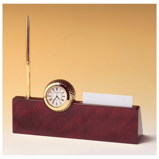 9" x 9" x 2 1/4" Gold Metal Golfball Clock on Rosewood Piano Nameplate, Business Card Holder, Pen