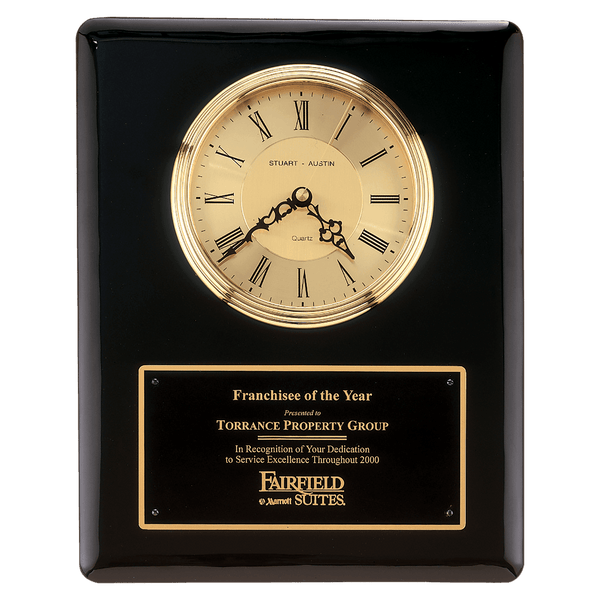 Black Piano Finish Clock, Waterfall Bezel with Glass Lens, Gold 10 1/2" x 13" Dial, Plate