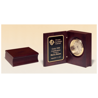 5 3/8" x 4 1/4" Hand Rubbed Mahogany Finish Book Clock w/Gold Spun Dial, 3 Hand Movement, Plate