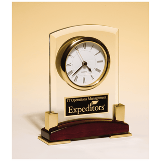 6 x 7 3/4" Beveled Glass Desk Clock, Rosewood Piano Finish Base, Gold MetalAccent with Black Plate
