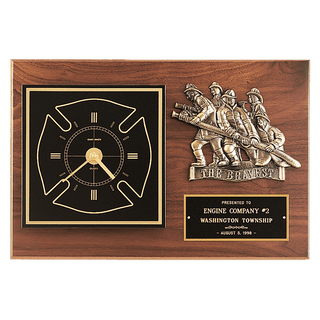 12" x 18" Walnut Plaque w/Gold Maltese Cross Clock/Firefighter Relief/Black and Brass Plate