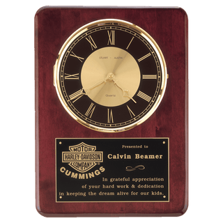 12" x 15" Rosewood Piano Finish Clock, Brass Bezel with Glass Lens, Black/Gold Dial with Black Plate