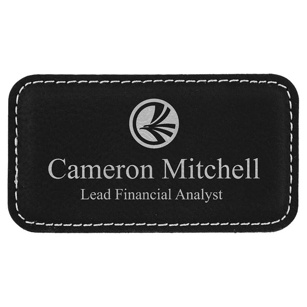 Black/Silver 3 1/4" x 1 3/4" Laserable Leatherette Badge Blank with Magnet