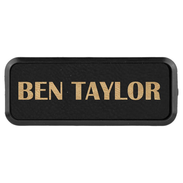 Black/Gold 3" x 1" Laserable Leatherette Round Corner Badge & Frame
