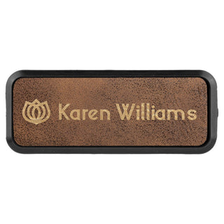 3" x 1" Rustic/Gold Laserable Leatherette Round Corner Badge & Frame