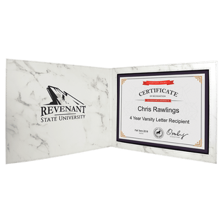 9" x 12" White Marble Laserable Leatherette Certificate Holder for 8 1/2" x 11"