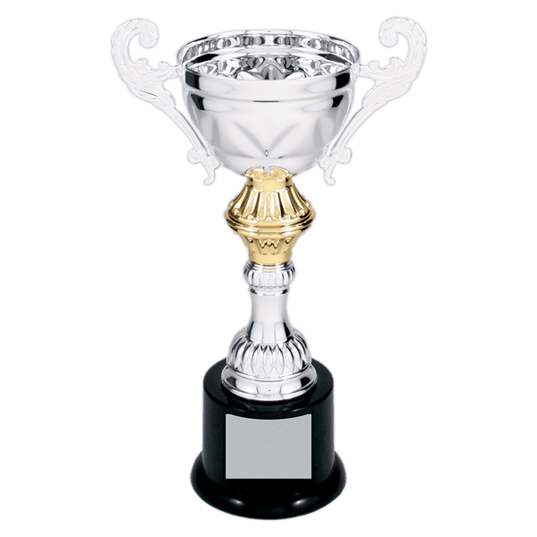 Silver 8 3/4" Completed Metal Cup Trophy on Plastic Base