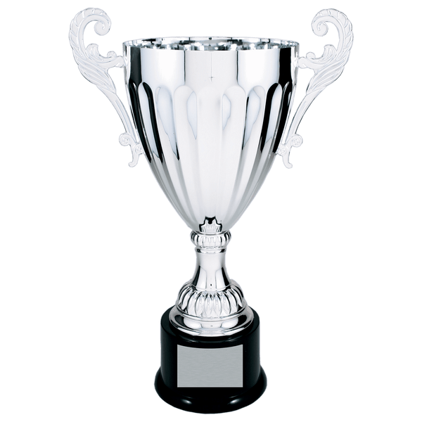 Silver 2 14 1/2" Completed Metal Cup Trophy on Plastic Base