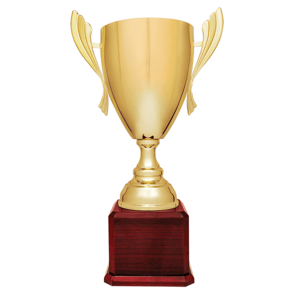 Gold Completed Metal Cup Trophy on Rosewood Royal 2 22" Piano Finish Base