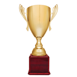 Gold Completed Metal Cup Trophy on Rosewood Royal 2 26 1/2" Piano Finish Base