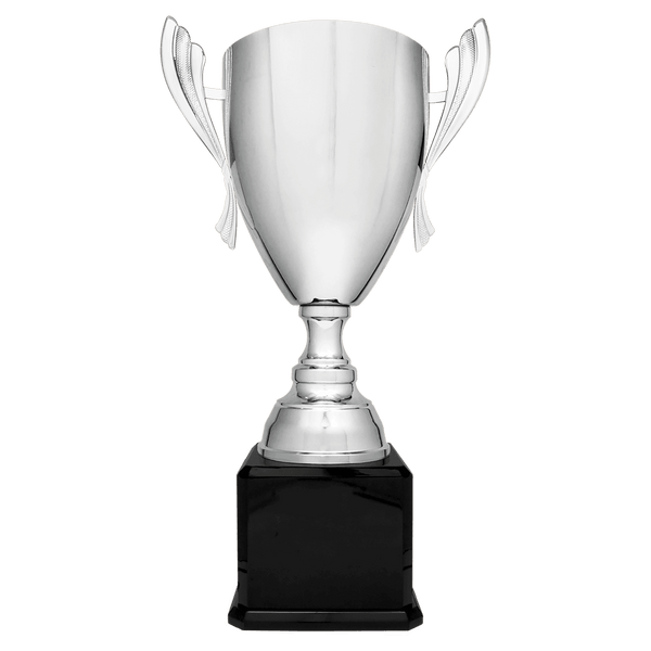 Silver Completed Metal Cup Trophy on Black Royal 2 26 1/2" Piano Finish Base