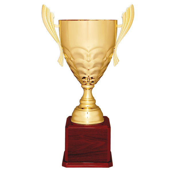 Gold Completed Metal Cup Trophy on Rosewood Royal 25 1/4" Piano Finish Base