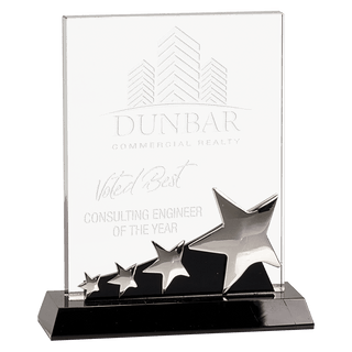 7" Rectangle Crystal with Silver Stars on Black Pedestal Base