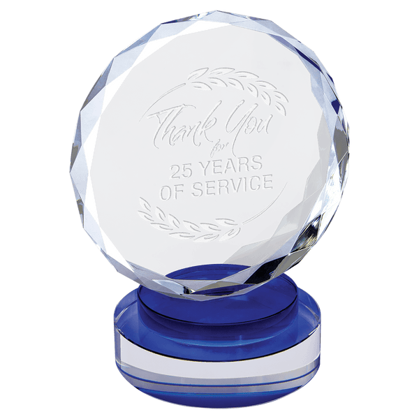 Blue & Clear 6" Round Facet Crystal on Round Base