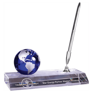 7" x 3" Blue Crystal Globe with Base and Pen