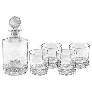 Polar Camel 850mL Round Golf Glass Decanter Set with Four 9 oz. Golf Rocks Glasses in Black Gift Box with Printed Paper Sleeve