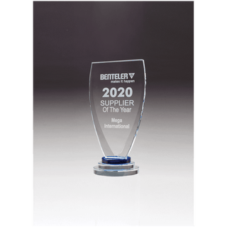 4" x 8 1/4" Chalice Series Sapphire Glass Award with Blue and Clear Glass Pedestal Base