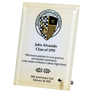 7" x 9" Sublimated Glass Plaque with Silver Post for Portrait or Landscape Presentation