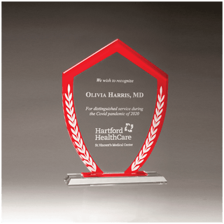 5 7/8" x 8 1/8" Shield Shaped Glass Award with Red Border and White Laurel Leaves