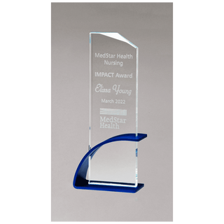 Blue Contemporary Clear 3 7/8" x 9 3/8" x 1/2" Thick Glass Award, Arched Base with Matte Metallic Finish