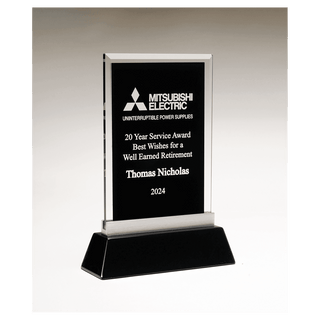 5 1/4" x 8 7/8" Rectangular Black Silkscreened Glass Award with Black Piano Finish Base