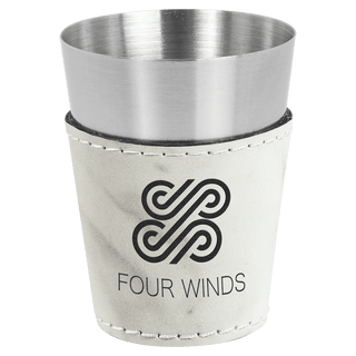 2 oz. White Marble Laserable Leatherette & Stainless Steel Shot Glass