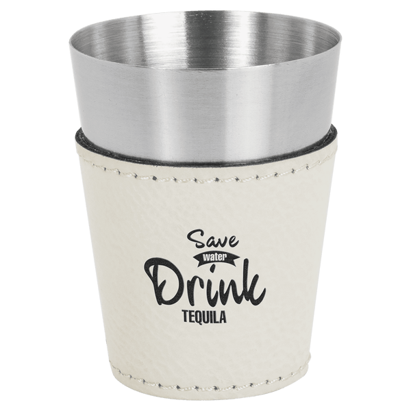 White 2 oz. Laserable Leatherette & Stainless Steel Shot Glass