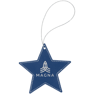 Blue/Silver Laserable Leatherette Star Ornament with Silver String