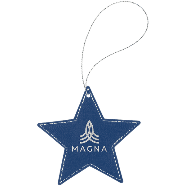 Blue/Silver Laserable Leatherette Star Ornament with Silver String